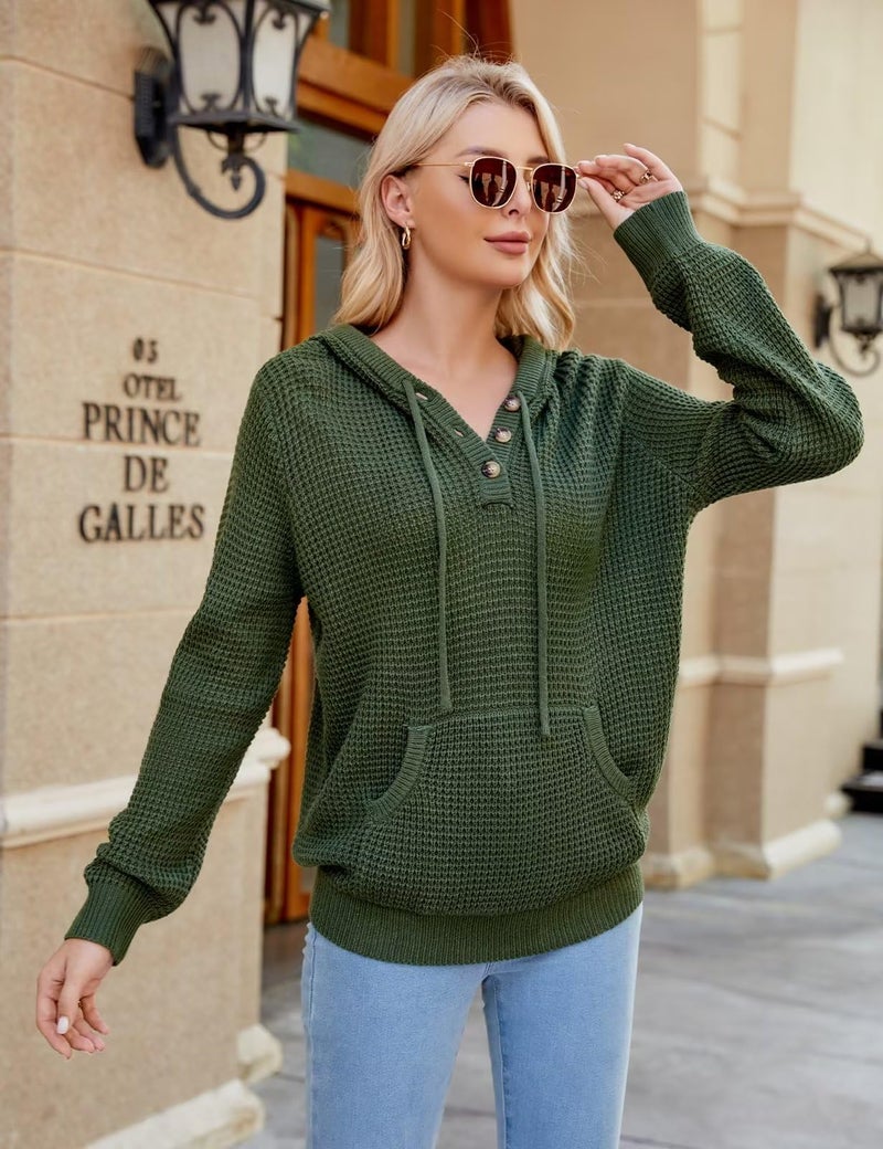 CiCiBird Women Fall Hoodies Sweater Knit V Neck Tops Oversized Fashion Pullover Casual Long Sleeve Shirts with Pockets Green L - Image 3