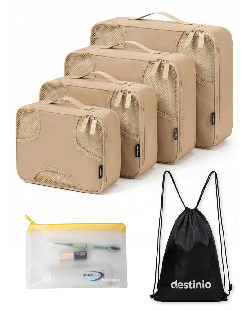 Destinio Packing Cube for Travel Luggage Packing | 6 in 1 Set (4 Cube+Drawstring Bag+Cosmetic Pouch) Storage Organiser for Travelling | Clothes Organizer for Trolley, Backpack, Space Saver (Beige) - Image 1
