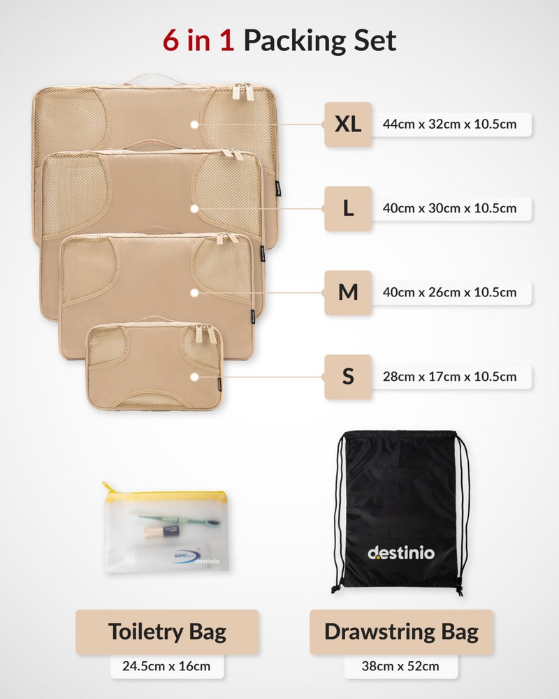 Destinio Packing Cube for Travel Luggage Packing | 6 in 1 Set (4 Cube+Drawstring Bag+Cosmetic Pouch) Storage Organiser for Travelling | Clothes Organizer for Trolley, Backpack, Space Saver (Beige) - Image 5