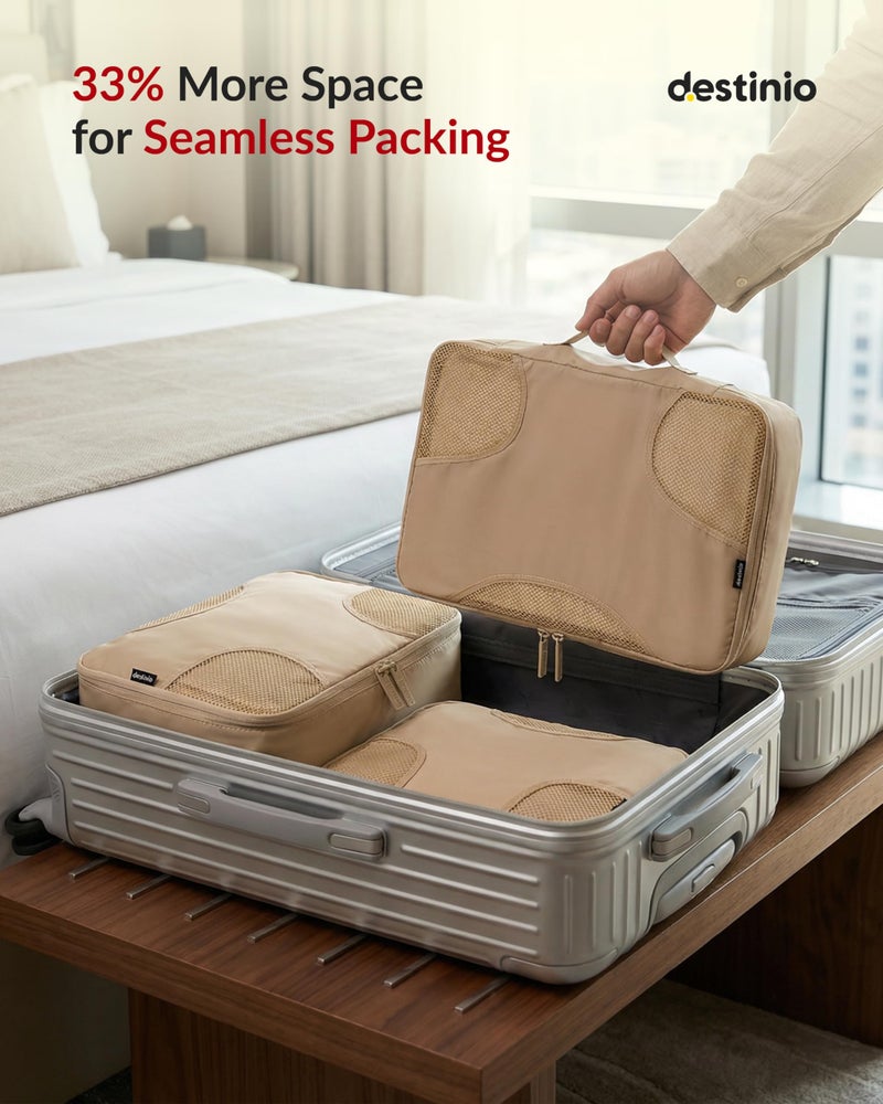 Destinio Packing Cube for Travel Luggage Packing | 6 in 1 Set (4 Cube+Drawstring Bag+Cosmetic Pouch) Storage Organiser for Travelling | Clothes Organizer for Trolley, Backpack, Space Saver (Beige) - Image 4