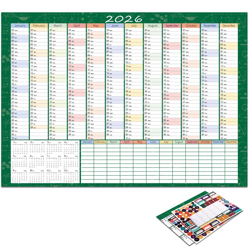 تقويم جدار عام 2026 - تقويم سنوي كبير مع ملصقات ملونة، مخطط تقويم ملصق ورقي فارغ، منظم يومي لـ365 يوم للمنزل والمكتب، منظم جدول سنوي قابل للطي، 29×21 بوصة، لون أخضر 3 - Image 2