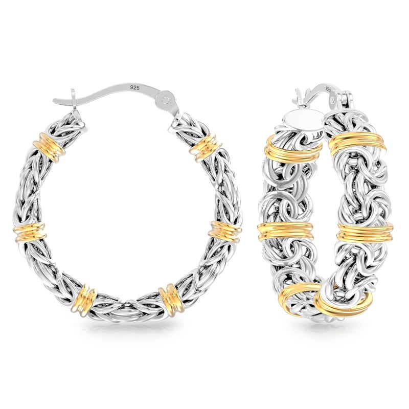 Lecalla Valentines Day Gifts 14K Gold-Plated Byzantine Station Hoop Earrings In Sterling Silver | Chunky 925 Silver Two-Tone Click-Top Earring Hoops For Women - 25Mm - Image 1