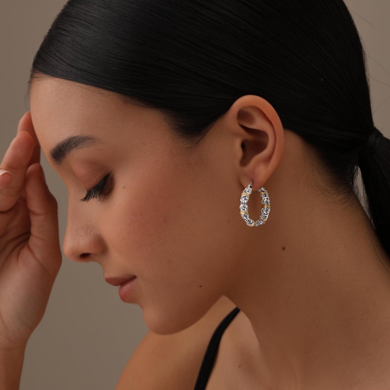 Lecalla Valentines Day Gifts 14K Gold-Plated Byzantine Station Hoop Earrings In Sterling Silver | Chunky 925 Silver Two-Tone Click-Top Earring Hoops For Women - 25Mm - Image 2