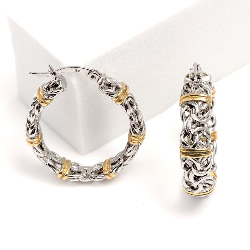 Lecalla Valentines Day Gifts 14K Gold-Plated Byzantine Station Hoop Earrings In Sterling Silver | Chunky 925 Silver Two-Tone Click-Top Earring Hoops For Women - 25Mm - Image 5