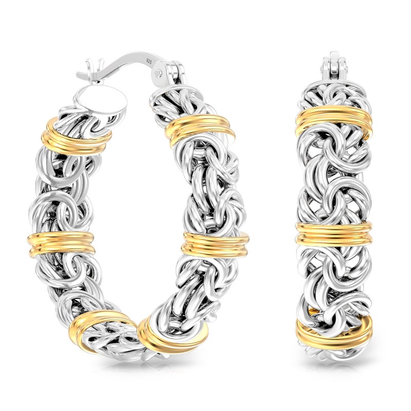 Lecalla Valentines Day Gifts 14K Gold-Plated Byzantine Station Hoop Earrings In Sterling Silver | Chunky 925 Silver Two-Tone Click-Top Earring Hoops For Women - 25Mm - Image 4