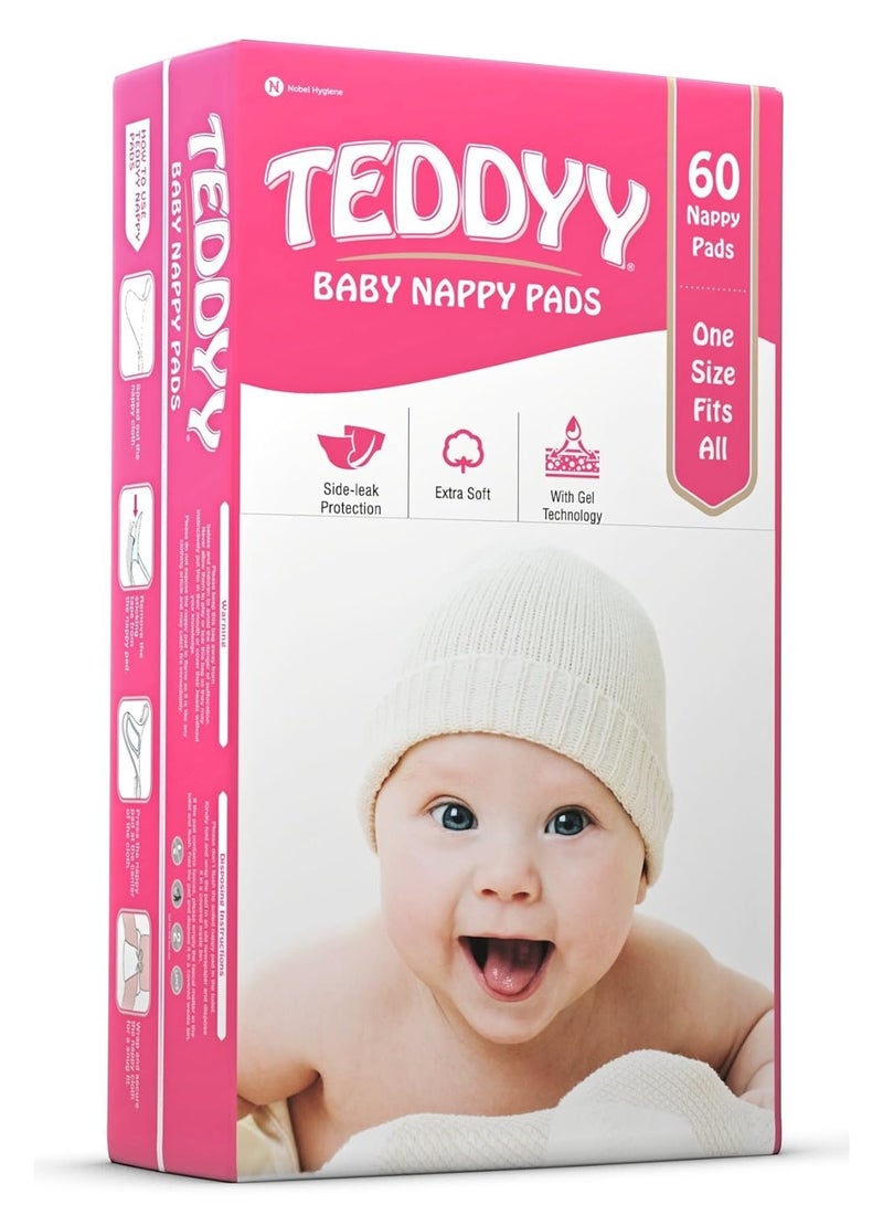 TEDDYY Baby Nappy Pads 60 Pads - Free Size, Side - Leak Protection, Soft Gel - Image 1