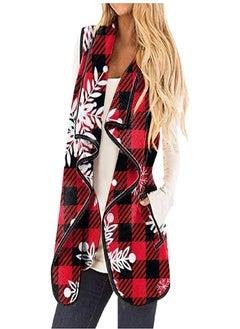 Womens Vest Plaid Sleeveless Pockets Lapel Open Front Cardigan Jacket