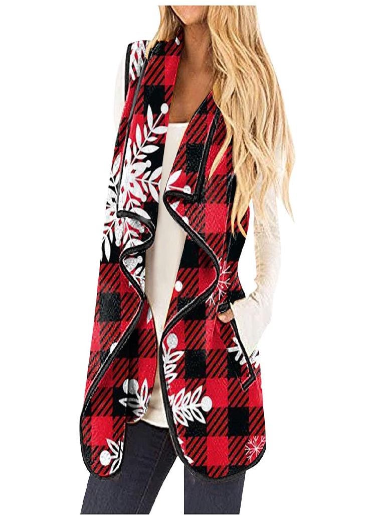 Eckek - Womens Vest Plaid Sleeveless Pockets Lapel Open Front Cardigan Jacket - Image 1