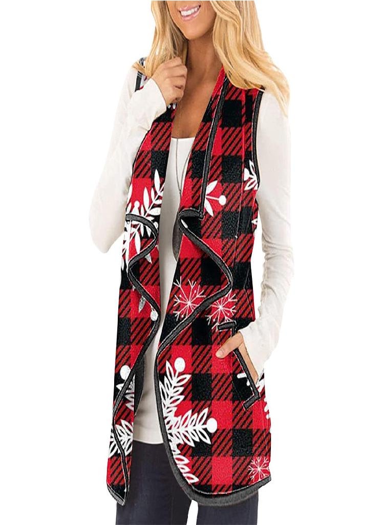 Eckek - Womens Vest Plaid Sleeveless Pockets Lapel Open Front Cardigan Jacket - Image 1