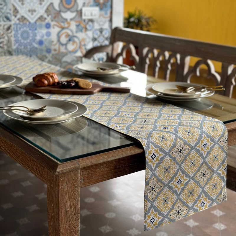 Oak Lily Table Runner in Yellow Grey Print 100 Cotton Washable AntiSkid European Quality 34x180 cm Ideal for 4 Seater 6 Seater Dining and Center Tables