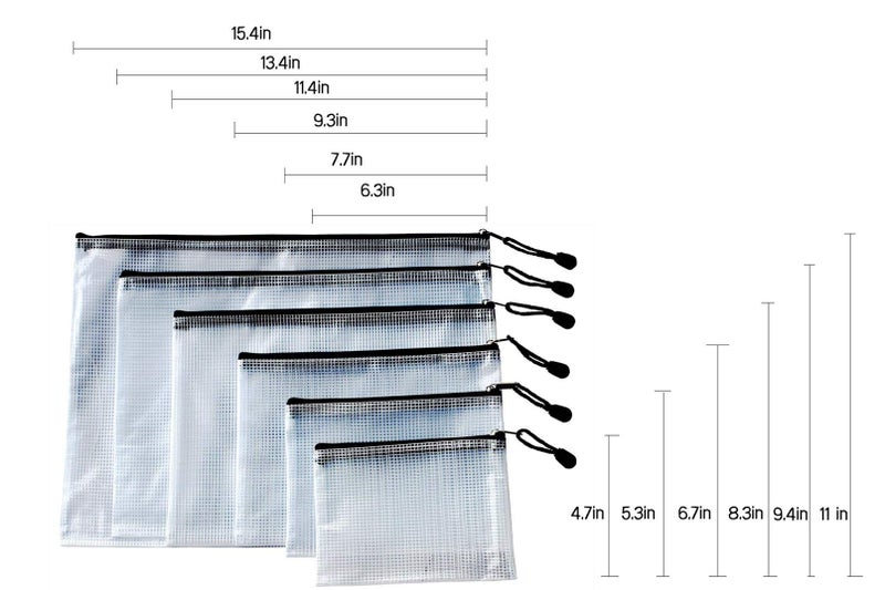 oxe 6 Pieces Travel Pouch, Document Pouch, File Bags (Black, Transparent, PVC, Letter Size, 6 Sizes: 15.4 x 11, 13.4 x 9.4, 11.4 x 8.3, 9.3 x 6.7, 7.7 x 5.3, 6.3 x 4.7 Inches, Modern Style) - Image 3