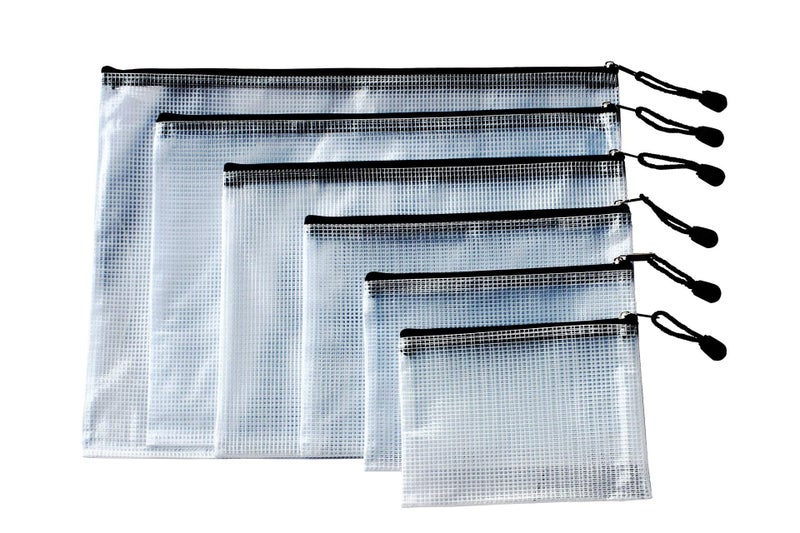 oxe 6 Pieces Travel Pouch, Document Pouch, File Bags (Black, Transparent, PVC, Letter Size, 6 Sizes: 15.4 x 11, 13.4 x 9.4, 11.4 x 8.3, 9.3 x 6.7, 7.7 x 5.3, 6.3 x 4.7 Inches, Modern Style) - Image 1