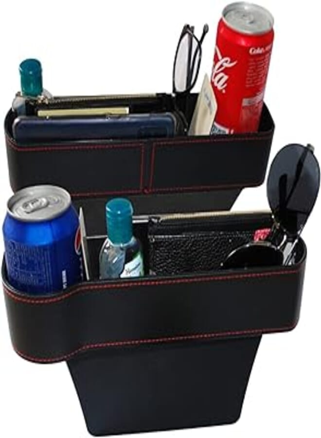 AZEC 2Pcs Car Seat Gap Organizers Storage Box Front Seat Console Car Organizer Side Pocket with Cup Holder Couple 2 Pack for Cellphones Keys Cards Wallets Sunglasses