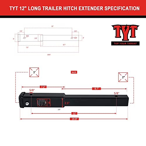TYT 12" Trailer Hitch Extension for 2" Receiver Tube Extender, Tube Extension Receiver with 2 Sets of 5/8" Premium Hitch Pin Lock, 5000 lbs GTW / 500 lbs TW - Image 2