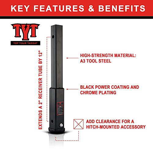 TYT 12" Trailer Hitch Extension for 2" Receiver Tube Extender, Tube Extension Receiver with 2 Sets of 5/8" Premium Hitch Pin Lock, 5000 lbs GTW / 500 lbs TW - Image 3