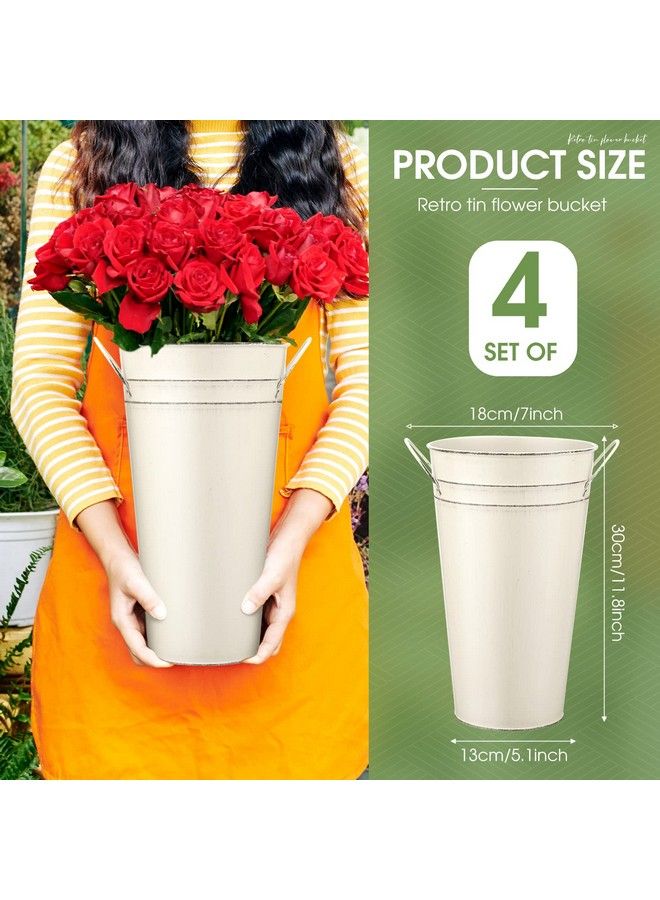 Irenare 12 Inch Vintage Galvanized Flower Bucket Metal Flower Vase Farmhouse French Metal Bucket Planter Metal Floral Container For Flowers Arrangements Table Centerpiece Weddings Home (White4 Pcs) - Image 3