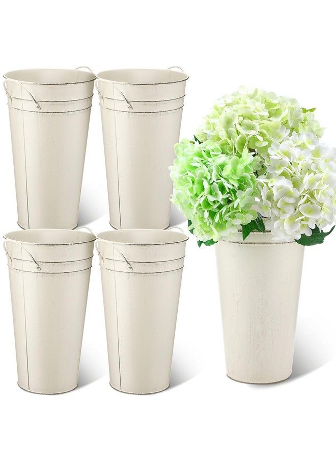Irenare 12 Inch Vintage Galvanized Flower Bucket Metal Flower Vase Farmhouse French Metal Bucket Planter Metal Floral Container For Flowers Arrangements Table Centerpiece Weddings Home (White4 Pcs) - Image 1