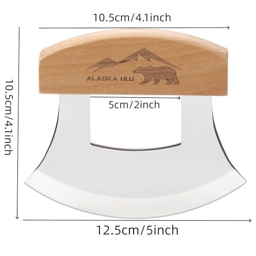 WIUCYS 5inch Alaskan Mezzaluna Ulu Knife, Salad Veggies Rocker Chopper Slicer Cutter Hashing Chopping Mincing Cleaver with Wooden Stand Arthritic Tool - Image 2