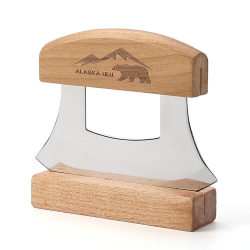 WIUCYS 5inch Alaskan Mezzaluna Ulu Knife, Salad Veggies Rocker Chopper Slicer Cutter Hashing Chopping Mincing Cleaver with Wooden Stand Arthritic Tool - Image 1