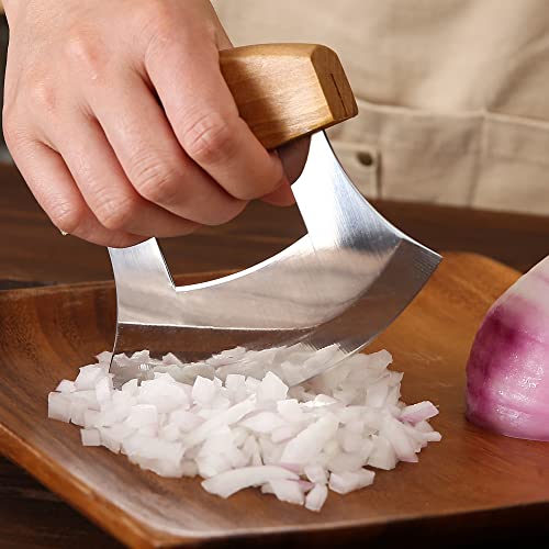 WIUCYS 5inch Alaskan Mezzaluna Ulu Knife, Salad Veggies Rocker Chopper Slicer Cutter Hashing Chopping Mincing Cleaver with Wooden Stand Arthritic Tool - Image 3