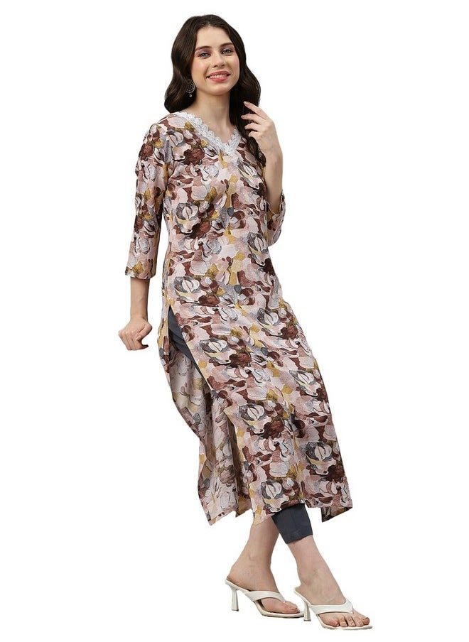 آني ديزاينر - قميص كورتا نسائي من ANNI DESIGNER مطبوع عليه خطوط مستقيمة من مزيج القطن مع بنطلون (SouthZ Wine-NW_S_Wine_Small) - Image 1