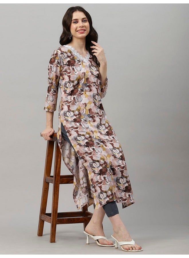 آني ديزاينر - قميص كورتا نسائي من ANNI DESIGNER مطبوع عليه خطوط مستقيمة من مزيج القطن مع بنطلون (SouthZ Wine-NW_S_Wine_Small) - Image 1