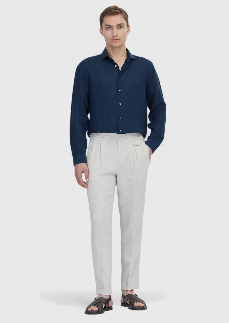 RAMSEY Navy Blue Plain Casual Fit Long Weaving Casual 100% Linen Shirt