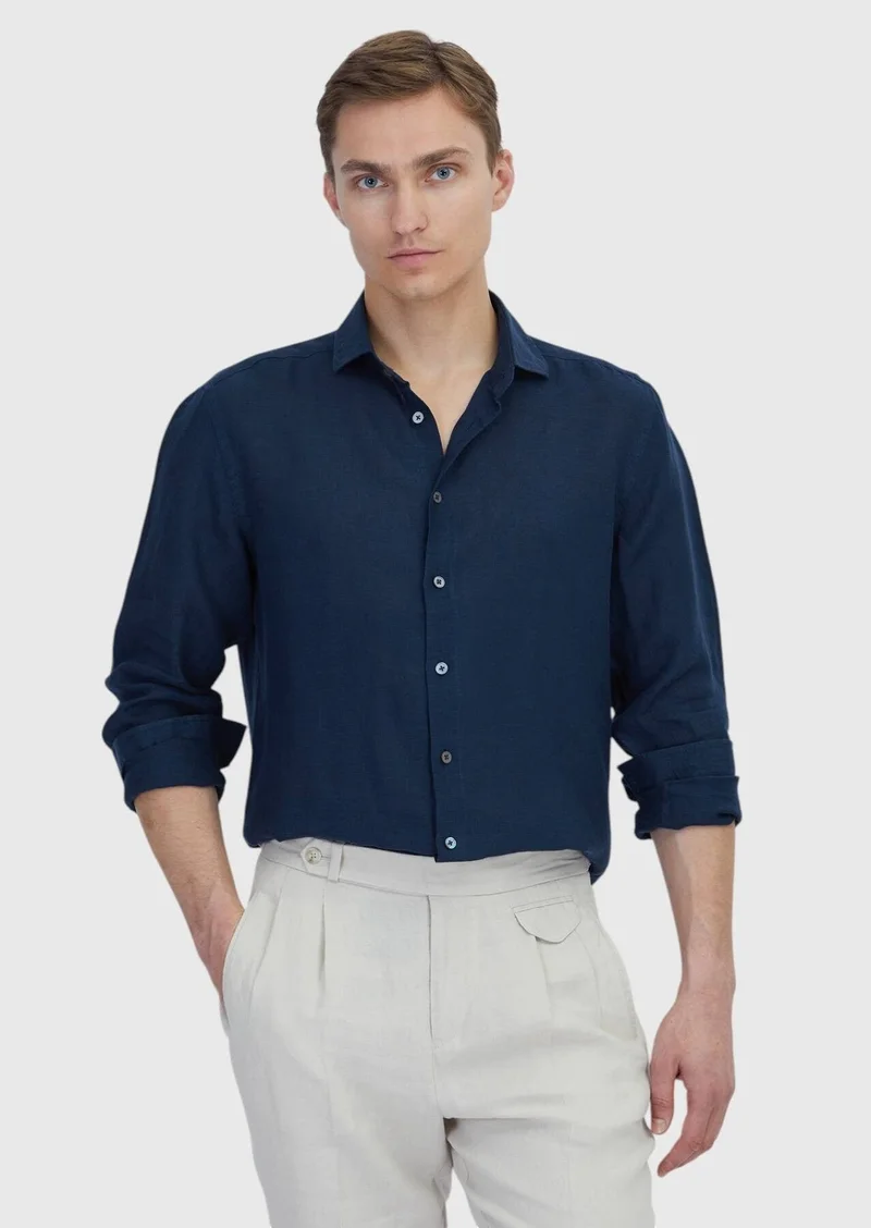 RAMSEY Navy Blue Plain Casual Fit Long Weaving Casual 100% Linen Shirt