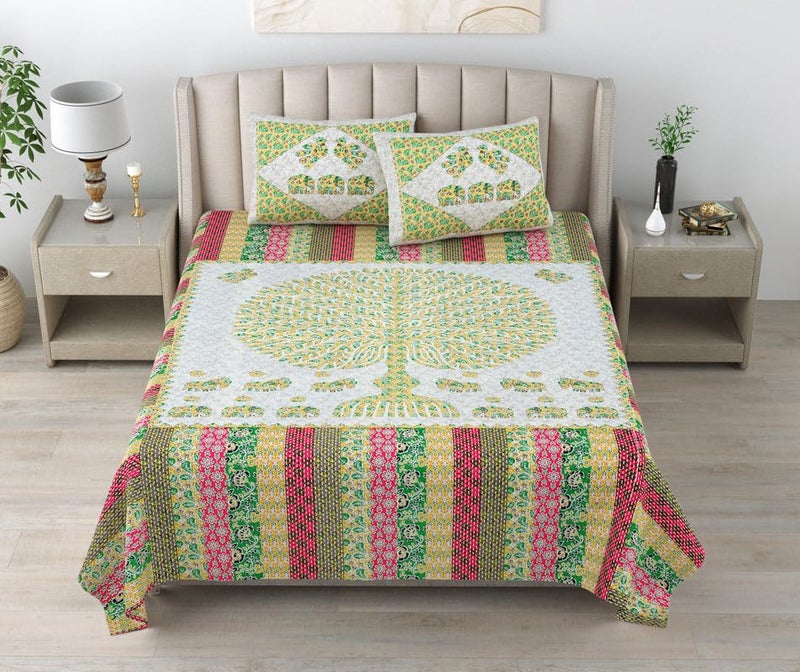 KOTTS & STITCH KOTTS STITCH Jaipuri Cotton Bedsheet Ethnic Jaipuri Double Bedsheet Traditional Big Tree Design 93x108 Pure Cotton with 2 Pillow Covers Lightweight and Stylish Green Yellow Pink White - Image 4