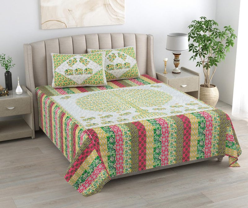 KOTTS & STITCH KOTTS STITCH Jaipuri Cotton Bedsheet Ethnic Jaipuri Double Bedsheet Traditional Big Tree Design 93x108 Pure Cotton with 2 Pillow Covers Lightweight and Stylish Green Yellow Pink White - Image 1