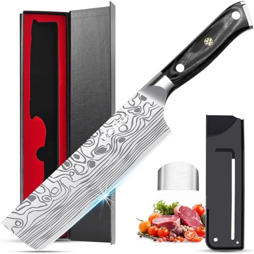 MOSFiATA 7” Nakiri Chef's Knife with Finger Guard, German High Carbon Stainless Steel EN1.4116 Vegetable Knife, Multipurpose Kitchen Knife with Micarta Handle in Gift Box - Image 1