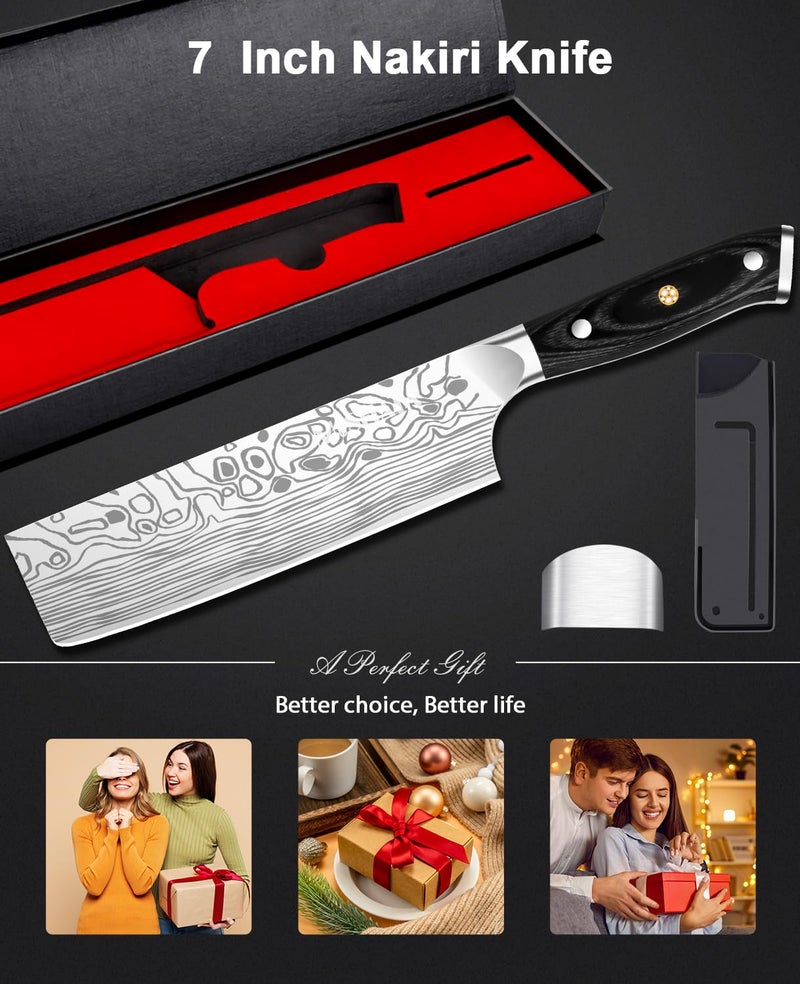 MOSFiATA 7” Nakiri Chef's Knife with Finger Guard, German High Carbon Stainless Steel EN1.4116 Vegetable Knife, Multipurpose Kitchen Knife with Micarta Handle in Gift Box - Image 5