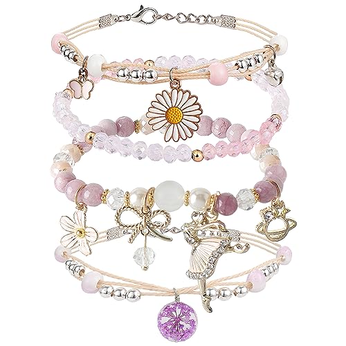 DS 4PCS Beaded Charm Bracelets for Teen Girls Dainty cute cartoon Crystal Beads Pearl Bracelets anklets set for woman and girls Adjustable Stretch bracelet birthday Gift For Friends Dancing Girl - Image 1