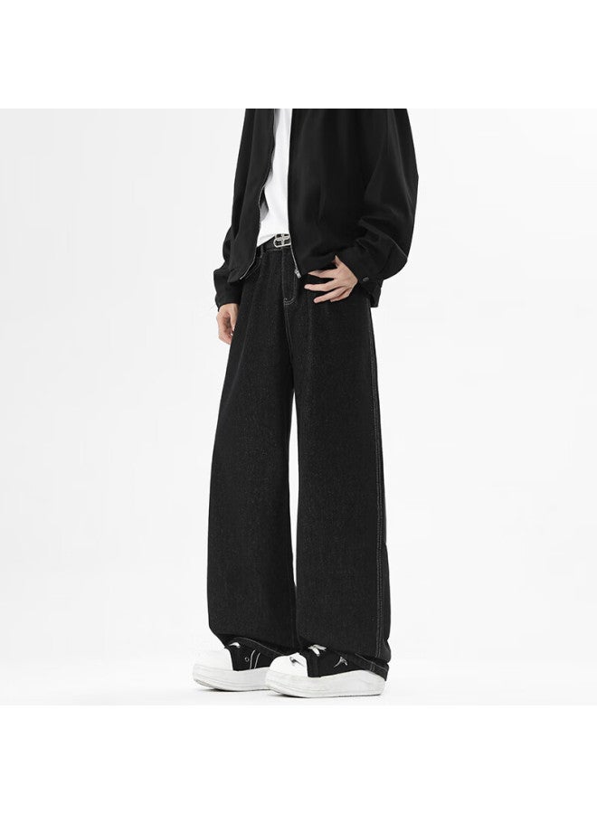 Izexx Men's American Style Loose Straight-leg Jeans Autumn Original Color Wide-leg Retro Casual Pants Zs33 Black L - Image 4