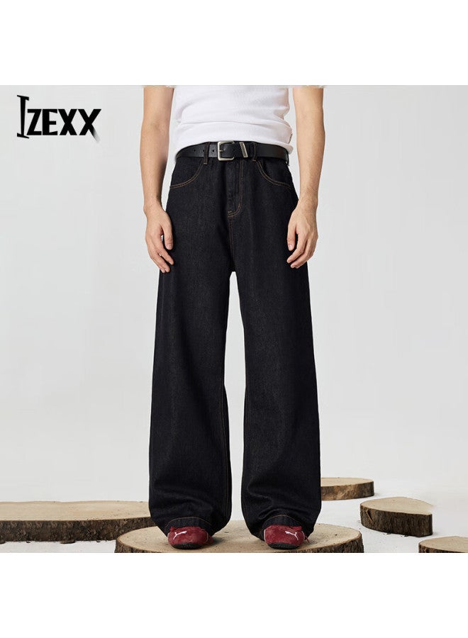 Izexx Men's American Style Loose Straight-leg Jeans Autumn Original Color Wide-leg Retro Casual Pants Zs33 Black L - Image 1