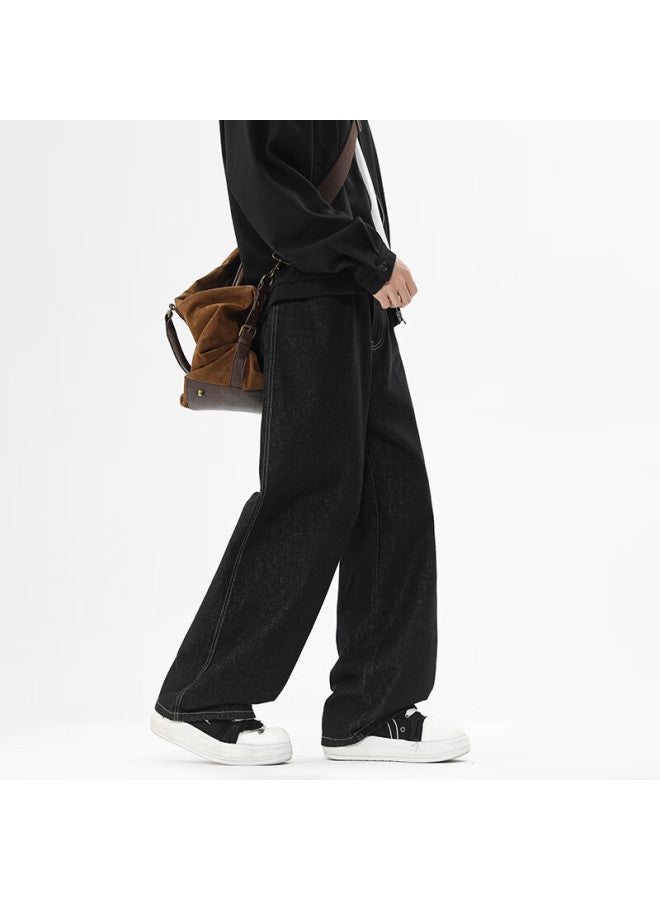 Izexx Men's American Style Loose Straight-leg Jeans Autumn Original Color Wide-leg Retro Casual Pants Zs33 Black L - Image 3