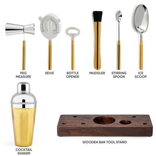 Shay Bar Tool Set with Wooden Stand- 8-Piece, Bartender Kit : Shaker, Spoon, Jigger, Muddler, Strainer, Bottle Opener, Ice Scoop (Bar Tool Set) - Image 4