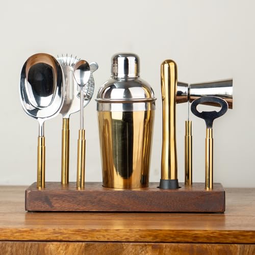 Shay Bar Tool Set with Wooden Stand- 8-Piece, Bartender Kit : Shaker, Spoon, Jigger, Muddler, Strainer, Bottle Opener, Ice Scoop (Bar Tool Set) - Image 1