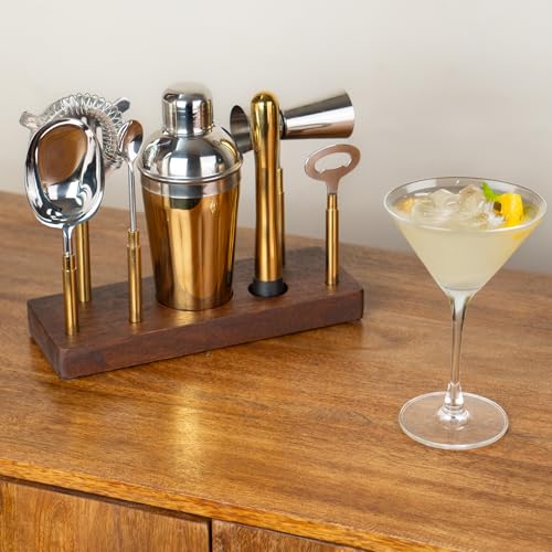 Shay Bar Tool Set with Wooden Stand- 8-Piece, Bartender Kit : Shaker, Spoon, Jigger, Muddler, Strainer, Bottle Opener, Ice Scoop (Bar Tool Set) - Image 2