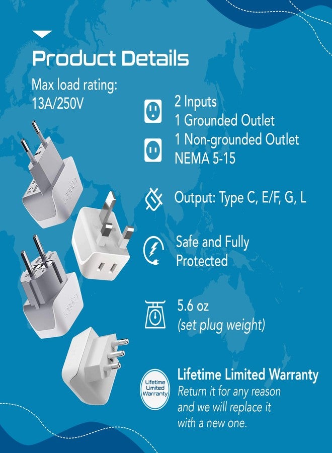 Ceptics European Plug Adapter 4 Pack Set, USA to Europe, Italy, Germany, England, Spain, Italy, Iceland, France (Type C, E/F, G, L) - for Your Cell Phones, Tablets, iPhone, Camera (CT-EU-4SET) - Image 2