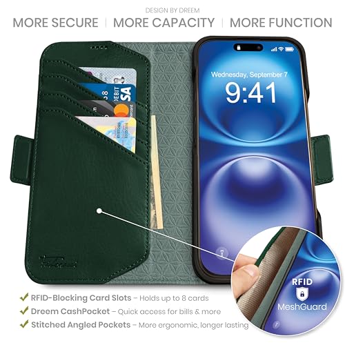 Dreem Wallet Case for iPhone 16 Plus Revolutionary VertHor Phone Stand Magnetic Detachable Vegan Leather Flip Cover RFID Blocking Card Holder MagSafeFit Gift Box Fibonacci Green - Image 3