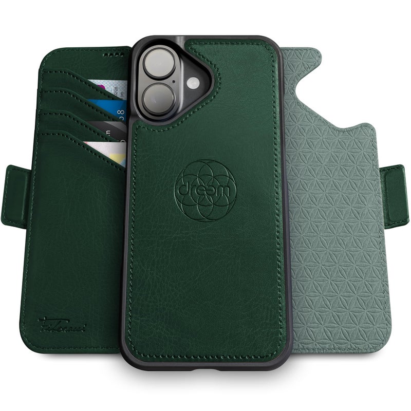 Dreem Wallet Case for iPhone 16 Plus Revolutionary VertHor Phone Stand Magnetic Detachable Vegan Leather Flip Cover RFID Blocking Card Holder MagSafeFit Gift Box Fibonacci Green - Image 2