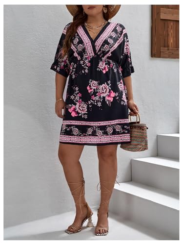 OYOANGLE Women's Plus Size Boho Floral Print High Waist V Neck Flared A Line Short Dress Black and Purple XX-Large Plus - Image 4