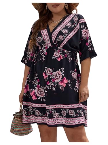 OYOANGLE Women's Plus Size Boho Floral Print High Waist V Neck Flared A Line Short Dress Black and Purple XX-Large Plus - Image 1