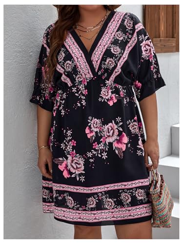 OYOANGLE Women's Plus Size Boho Floral Print High Waist V Neck Flared A Line Short Dress Black and Purple XX-Large Plus - Image 3