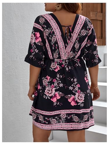 OYOANGLE Women's Plus Size Boho Floral Print High Waist V Neck Flared A Line Short Dress Black and Purple XX-Large Plus - Image 2