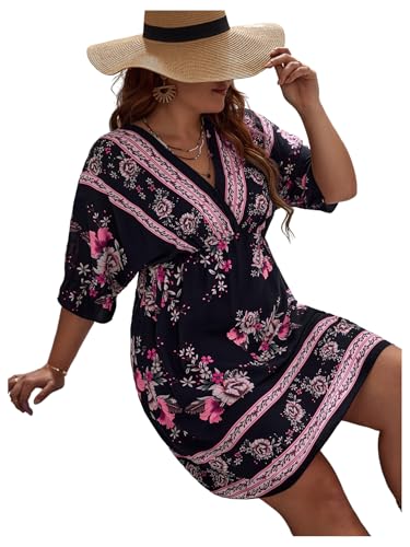 OYOANGLE Women's Plus Size Boho Floral Print High Waist V Neck Flared A Line Short Dress Black and Purple XX-Large Plus - Image 5