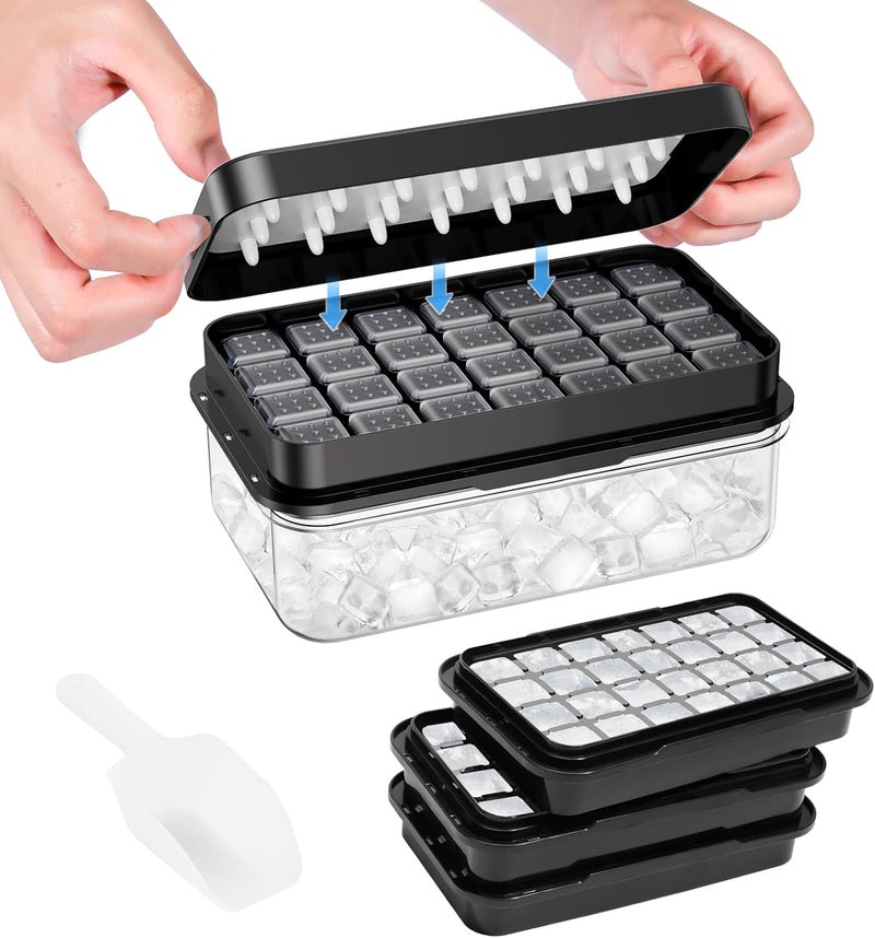 PHINOX 0.8“ Ice Cube Tray with Lid and Bin, 84 Cubes Ice Trays for Freezer, Ice Cube Trays for Freezer with 3 trays, Container, Lid & Ice Scoop, BPA Free, Black(28Cubes/Tier) - Image 1