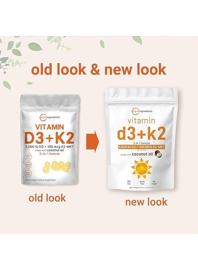 Micro Ingredients Vitamin D3 5000 IU Plus K2 (MK-7) 100 mcg, 300 Virgin Coconut Oil Softgels | 2 in 1 Vitamins D & K Complex | Supports Calcium Absorption, Bone, Immune, & Heart Health - Image 2