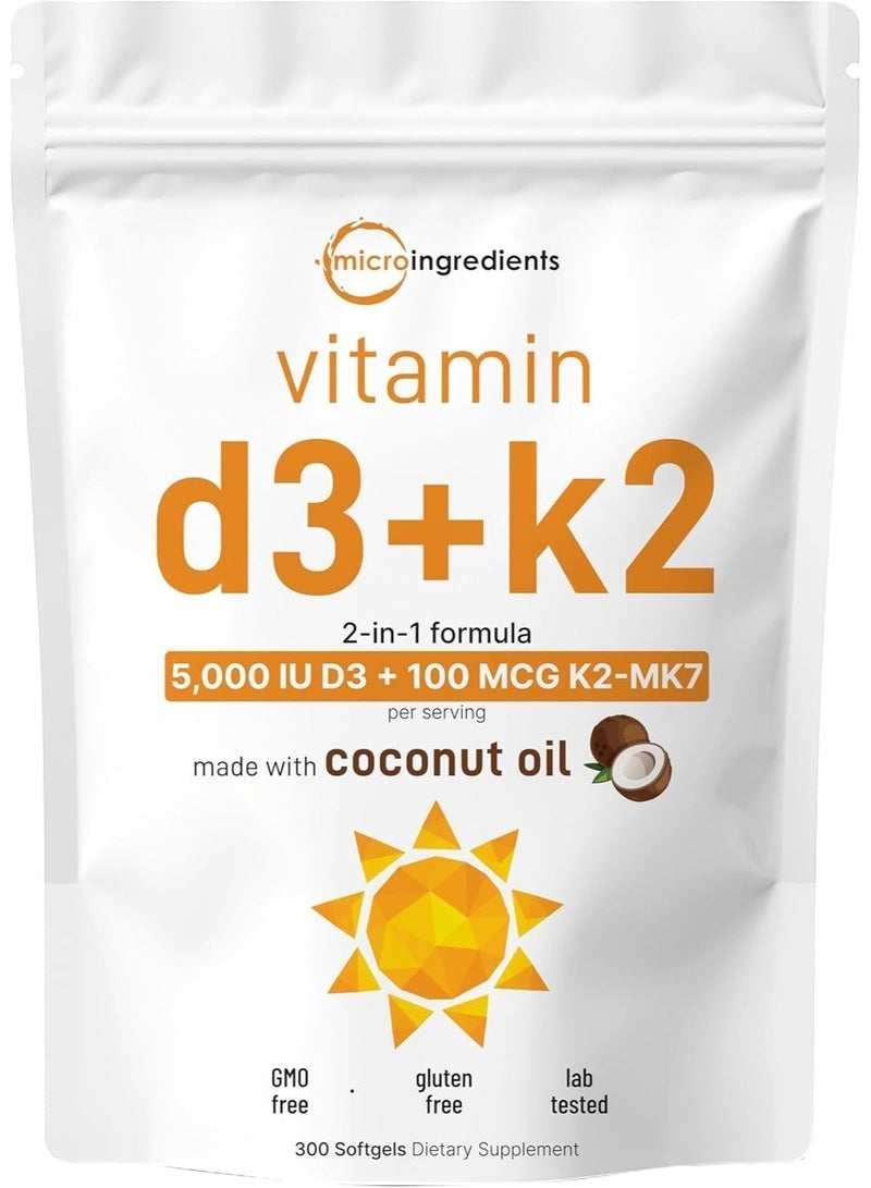 Micro Ingredients Vitamin D3 5000 IU Plus K2 (MK-7) 100 mcg, 300 Virgin Coconut Oil Softgels | 2 in 1 Vitamins D & K Complex | Supports Calcium Absorption, Bone, Immune, & Heart Health - Image 5